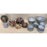 A quantity of modern blue and white oriental wares, an imari bowl, and other plates in the