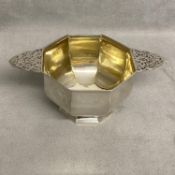 A Sterling silver octagonal quaich or Porringer with gilt interior by John Aldwinkle and Thomas