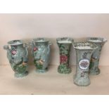 Decorative Copeland Spode green patterned vases, Peacock and Green Parsley design, some areas of