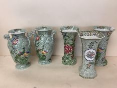 Decorative Copeland Spode green patterned vases, Peacock and Green Parsley design, some areas of