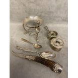 Collection of miscellaneous sterling silver items to include a small spirit burner, various dates,