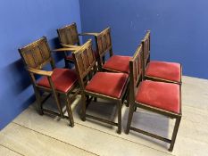 Set of 6 (4 + 2) dining chairs with panelled backs and red drylon style upholstered seats