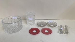 Heavy Waterford Crystal dish, etched to base, a glass jam jar and lid, knife rests and ruby candle