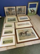 Quantity of hunting and racing prints, and a pair of coloured etching prints of C18th rural