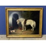 Gilt framed picture of a C19th style horse and dogs , signed indistinctly lower righ, possibly E
