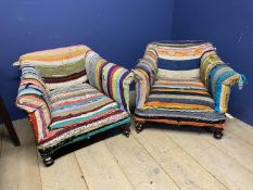 A pair of good low, deep armchairs, in striped material, in need of some attention, see images for