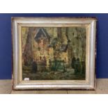 Oil on canvas of a impressionist style church and street scene, possibly french school signed R De