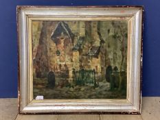 Oil on canvas of a impressionist style church and street scene, possibly french school signed R De