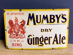 An enamel advertising sign, Mumby's dry ginger ale, some losses to drill holes, 75 x 50cm