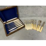 Boxed set of 6 sterling silver and fish knives and forks, togeher with unboxed examples, By