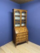 Small modern reproduction bureau bookcase, the glazed top opening to reveal adjustable shelves,