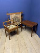 tapestry seated piano stool, a campaign style tray on folding legs, makers mark The Osterley Table