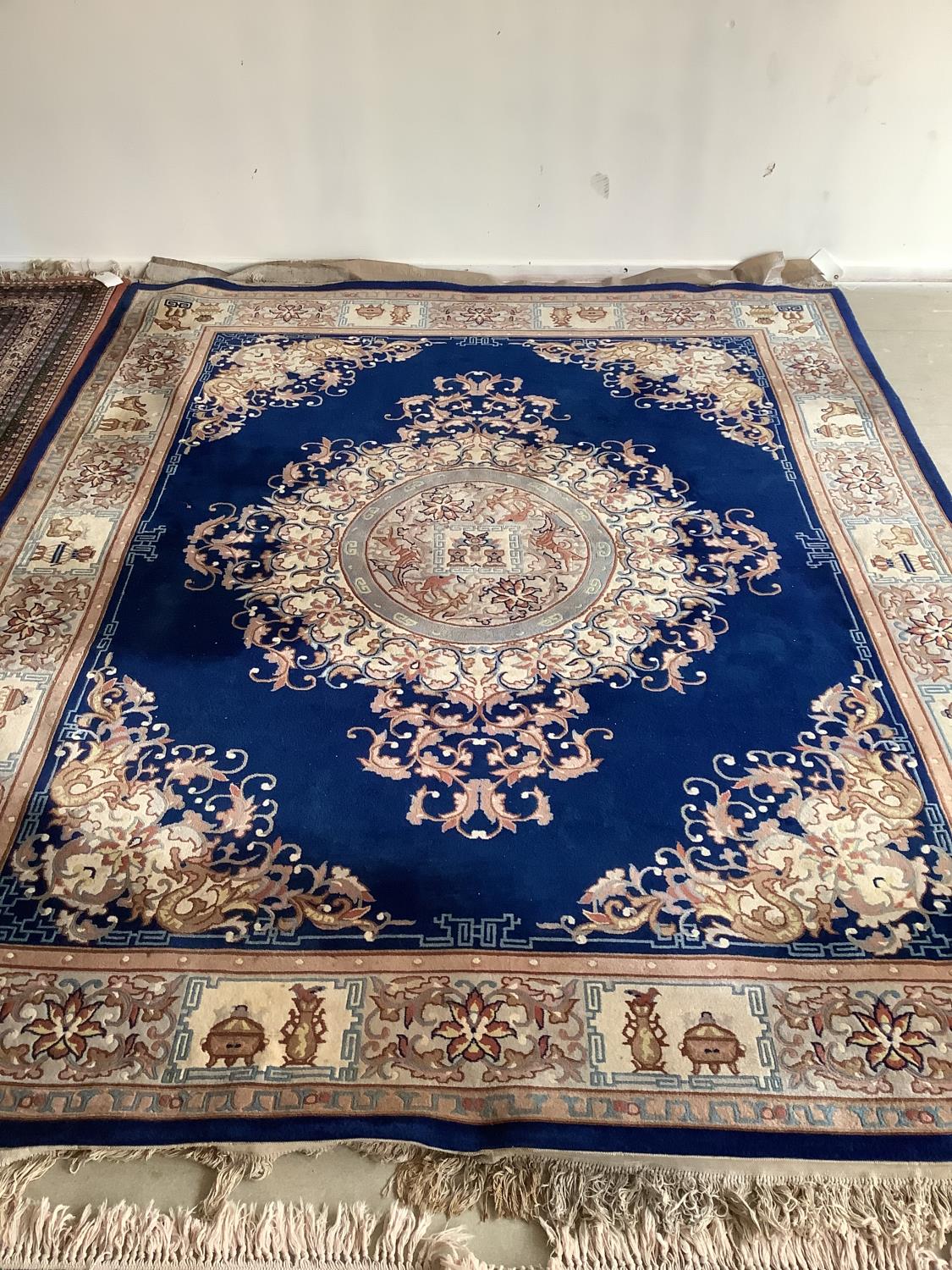 Large Chinese wash rug with Prussian blue borders, and all over stylized design 246 x 306cm - Image 2 of 5