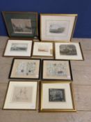 Quantity of coloured etching prints mainly of nautical scenes, and two reproduction C19th Style
