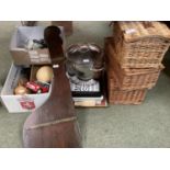 Quantity of general household items, record player, large radio; baskets, trays, saucepan, treen/