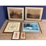 A pair of coursing prints, 2 small snaffle prints, a fox hounds dream and a signed modern gilt