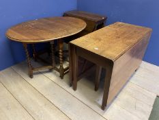 Three oak tables, a drop leaf fall flap and two smaller gatelegs