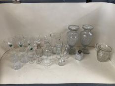 Pair bright cut glass vase, and a quantity of other glass decanters, jugs and glasses