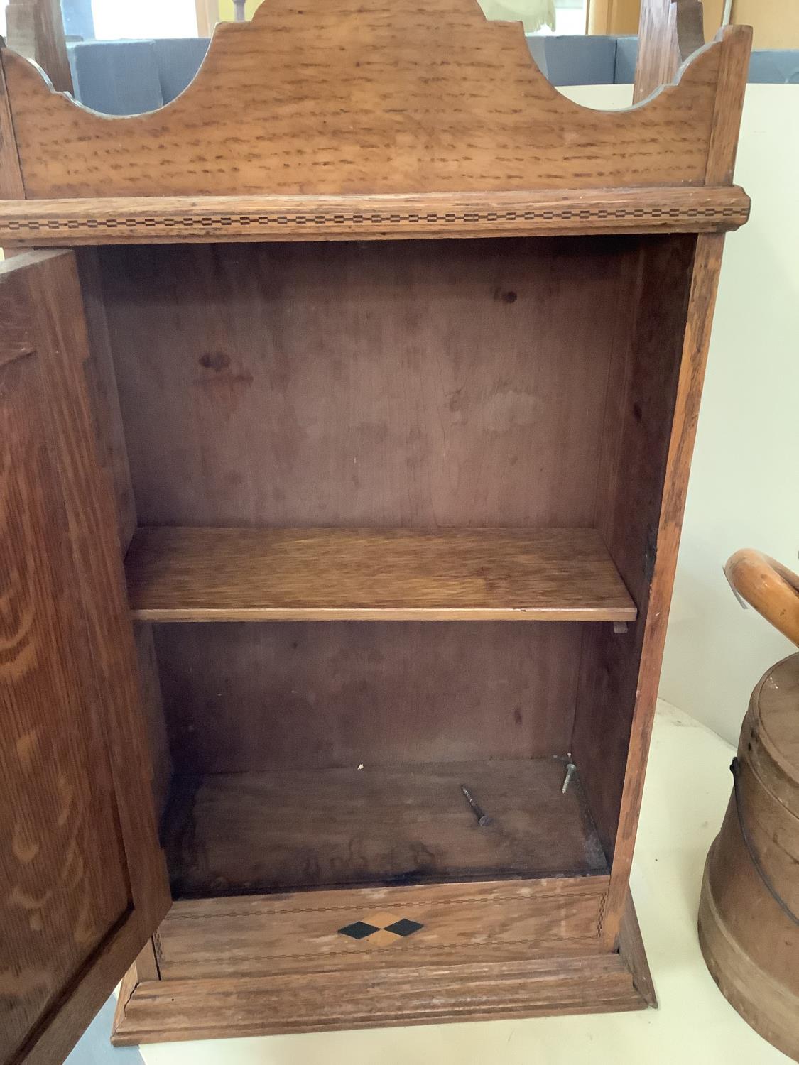 An inlaid hanging wall cupboard, a small footstool, with bergere - caning damaged, a foot stool - Image 7 of 13