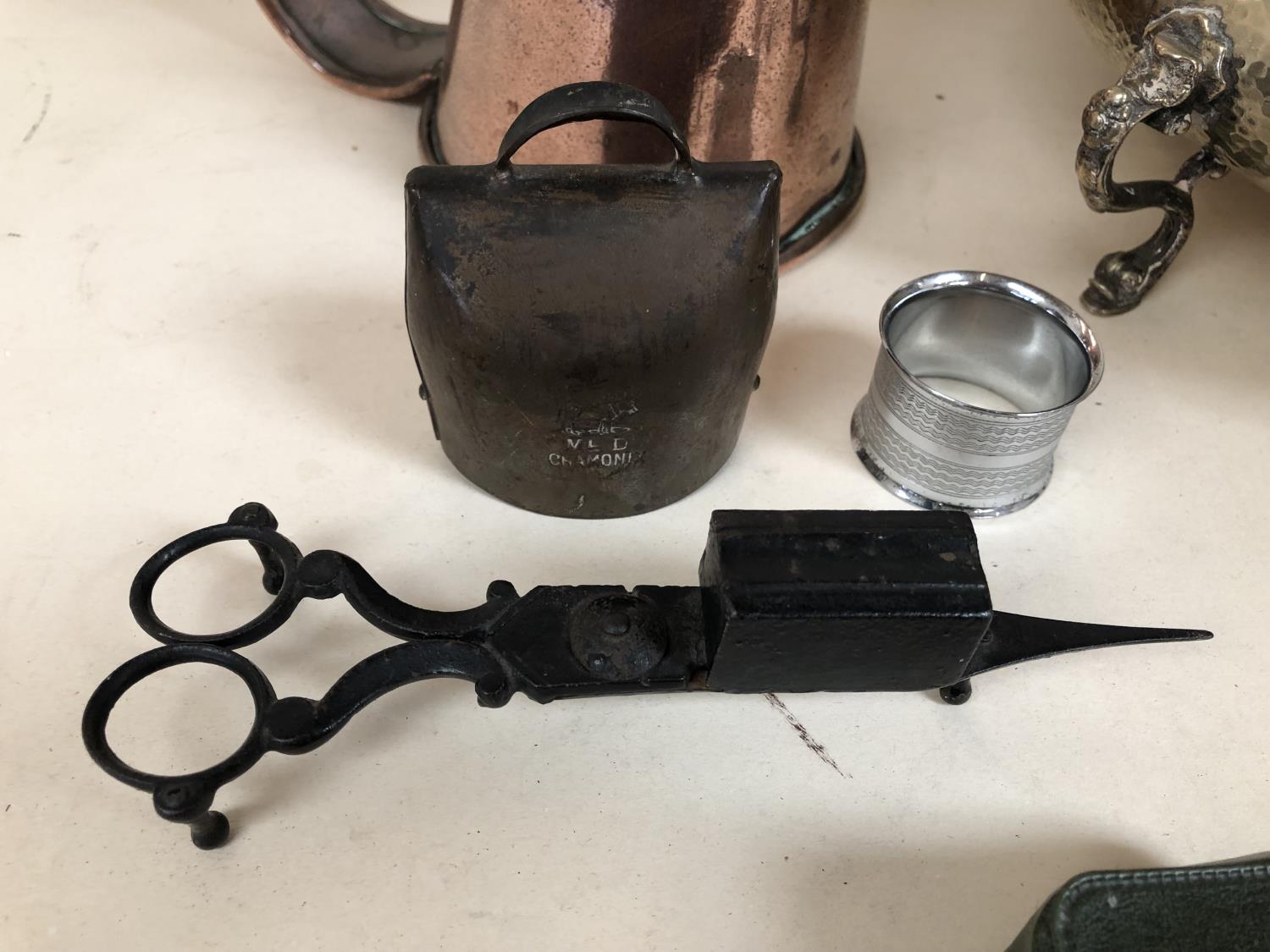 Collection of white metal items to include a planished rose bowl, copper funnel, pair of wick - Image 5 of 7