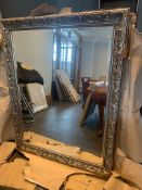 Large decorative bevelled wall mirror, with silver coloured ornate frame, 108cmW x 136cmH