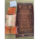 Brown and mustard colour rug, handmade and 4 cushions, 94 x 177cm