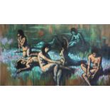 Picture of ladies bathing, in white frame, signed Nance 59 x 86cm