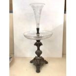 Victorian cut glass and base metal epergne, with lions head decoration to stand, small 2cm