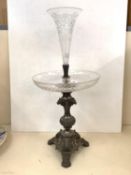 Victorian cut glass and base metal epergne, with lions head decoration to stand, small 2cm