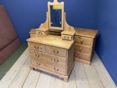 A modern pine desk with 3 drawers (136cm W), dressing chest with mirror over, and a small bedside