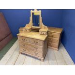 A modern pine desk with 3 drawers (136cm W), dressing chest with mirror over, and a small bedside