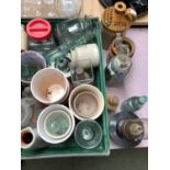 A jar of vintage marbles, and other glass and pottery wares, plant pots etc