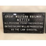 Two cast iron vintage signs: GWR TRESPASING NOTICE 60 x 30cm, together with a MRDC Right of Way sign