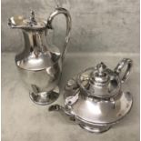 Electro plated teapot and hot water jug and sterling silver tongs