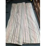 Pair cream curtains with pale coloured stripes, green, pinks, lined and interlined, tie backs, 237cm