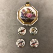 Sevres style gilt porcelain scent bottle and 4 porcelain buttons with images of birds