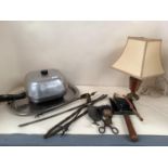 Mixed house clearance lot, brass fire tools, basket, kitchen trays etc