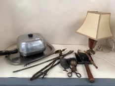 Mixed house clearance lot, brass fire tools, basket, kitchen trays etc