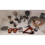 A mixed lot of silver, silver plate, pewter, trophies, flatware, medals, coins etc