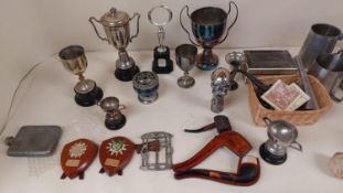 A mixed lot of silver, silver plate, pewter, trophies, flatware, medals, coins etc