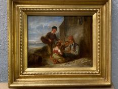 ALEXANDER FRASER (1786 - 186?), oil on canvas, Figures on a harbour, carving sticks; in gilt frame ,
