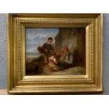 ALEXANDER FRASER (1786 - 186?), oil on canvas, Figures on a harbour, carving sticks; in gilt frame ,