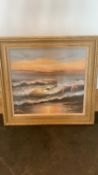 Modern gilt frame picture of crashing waves on the foreshore, 66 x 71cm
