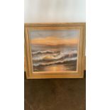 Modern gilt frame picture of crashing waves on the foreshore, 66 x 71cm