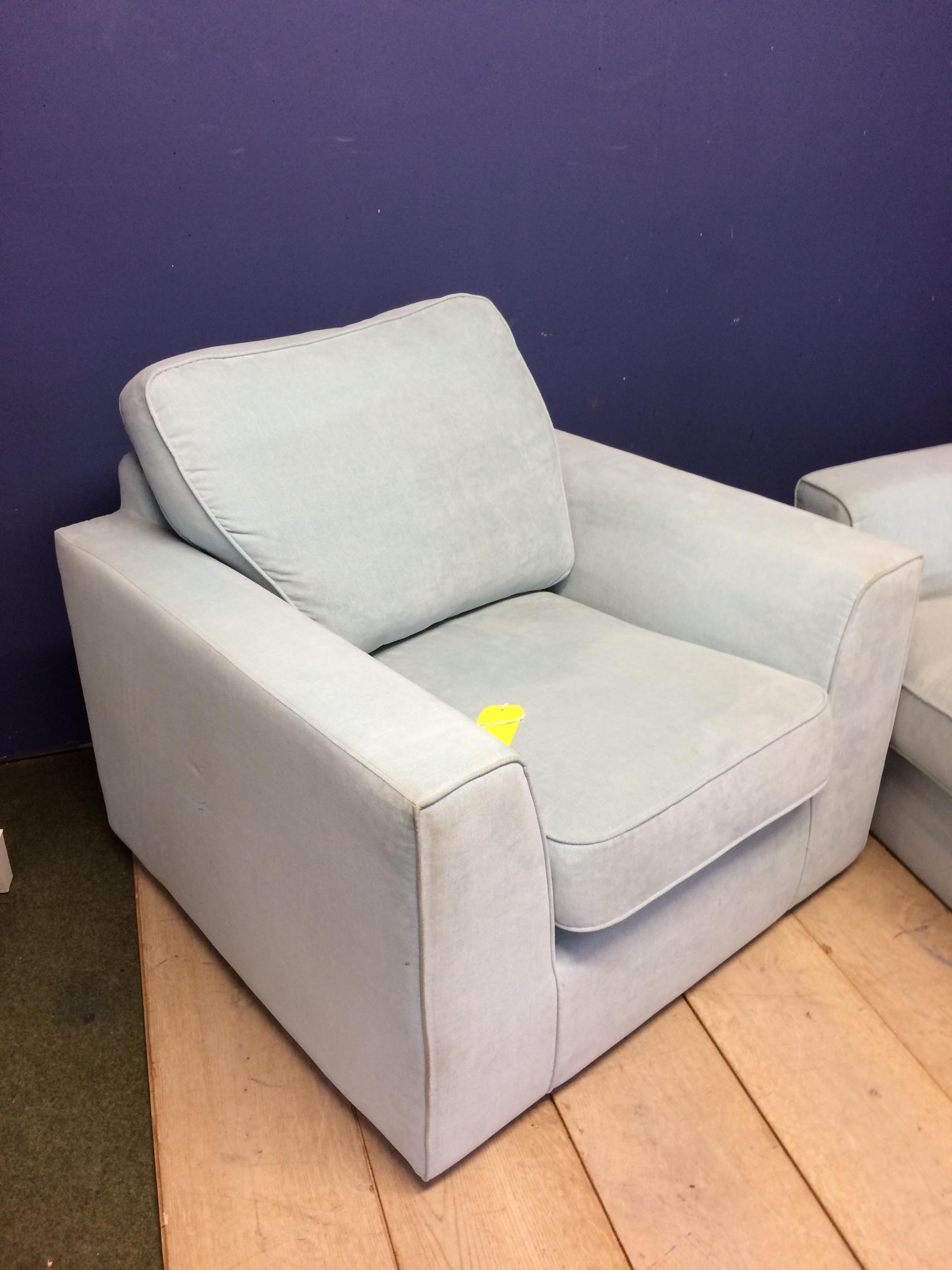 Duck egg blue sofa and chair (in used condition - upholstery needs some cleaning) note one black - Image 2 of 2