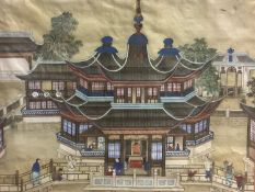 An oriental silk work image of pagodas and figures, 37 x 46 , framed and glazed, some minor moth