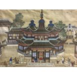 An oriental silk work image of pagodas and figures, 37 x 46 , framed and glazed, some minor moth