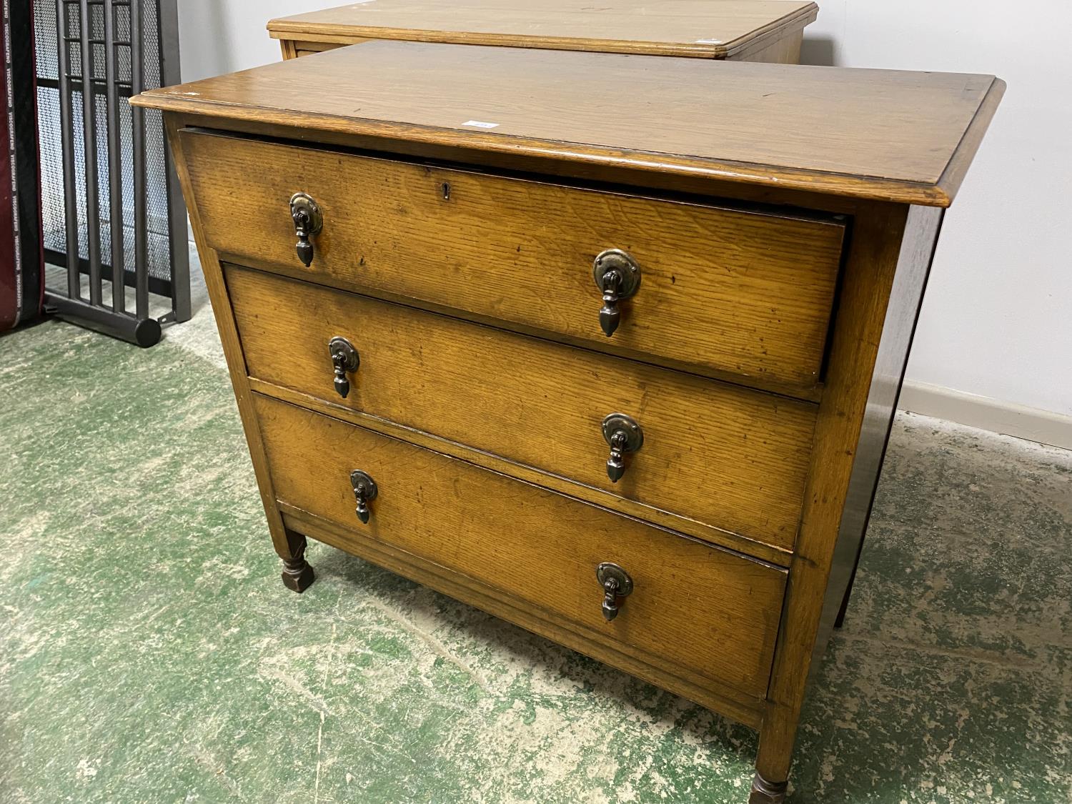 Small modern oak style chest of 3 drawers, a Jacobean style modern chest, and a pine chest, all as - Image 5 of 7