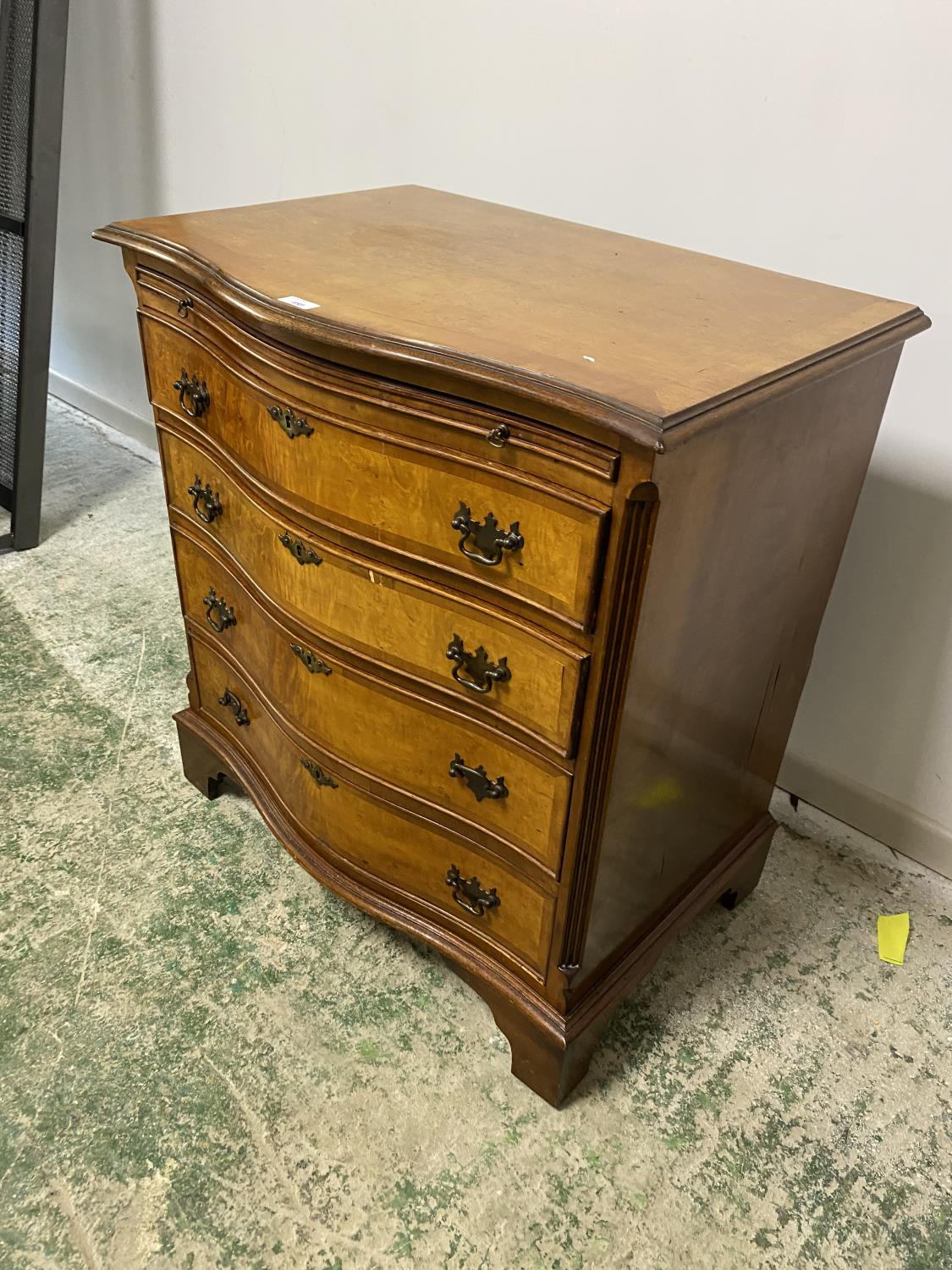 A modern, walnut veneered style, serpentine front chest of 4 drawers with brushing slide, some wear, - Image 2 of 3