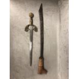 Malai/Borneo kris knife or machete with carved bound wicker handle, 56cm long; and a Spanish
